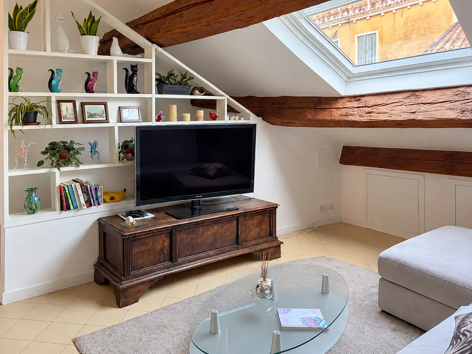 Libreria con gatti di vetro colorato, TV su una cassapanca in legno e il lucernario sui tetti